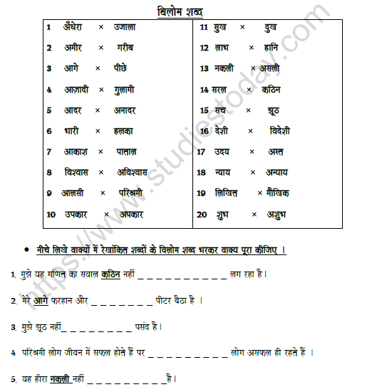 CBSE Class 6 Hindi Opposites Worksheet Set C