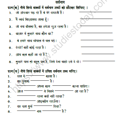 CBSE Class 6 Hindi Pronoun Worksheet Set A 1