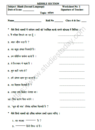 CBSE Class 6 Hindi Pronoun Worksheet Set B 1