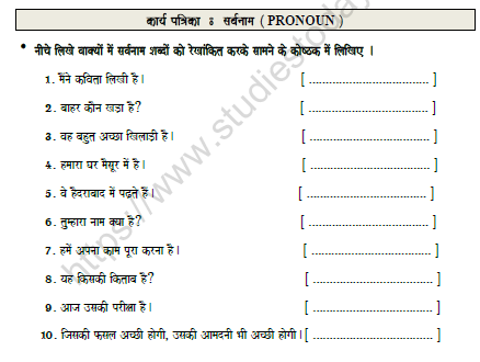 CBSE Class 6 Hindi Pronoun Worksheet Set C 1