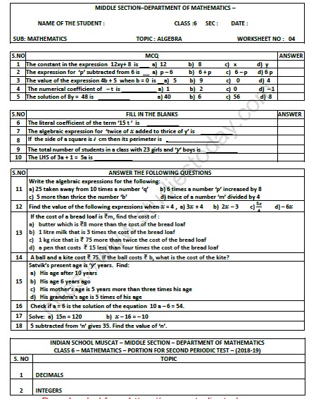 CBSE Class 6 Mathematics Algebra Worksheet 1