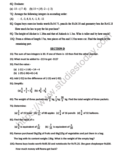 CBSE Class 6 Mathematics Integers Worksheet Set A 3