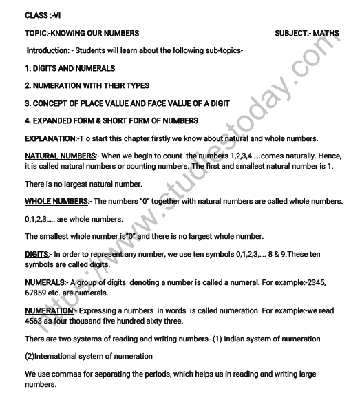 CBSE Class 6 Mathematics Knowing Our Numbers Worksheet Set A 1