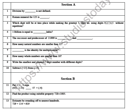 CBSE Class 6 Mathematics Revision Worksheet Set A 1