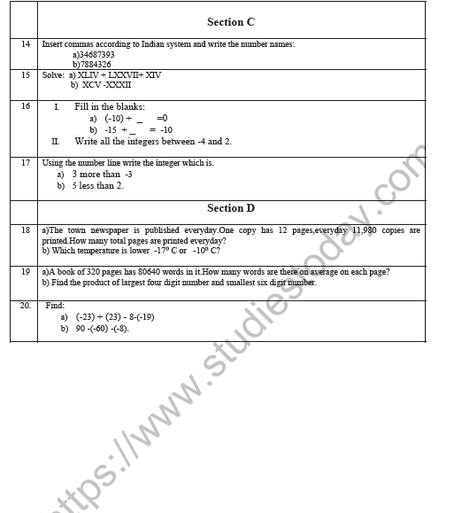 CBSE Class 6 Mathematics Revision Worksheet Set A 2