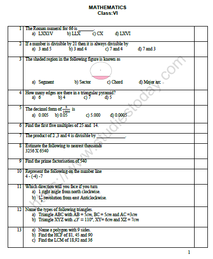 CBSE Class 6 Mathematics Revision Worksheet Set D 1