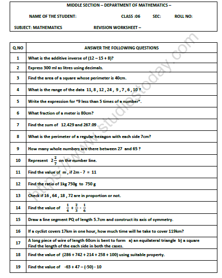 CBSE Class 6 Mathematics Revision Worksheet Set E 1
