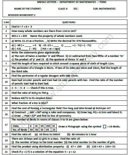 CBSE Class 6 Mathematics Revision Worksheet Set F 1