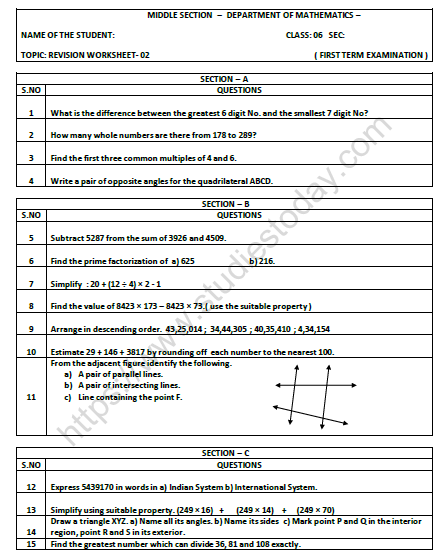 CBSE Class 6 Mathematics Revision Worksheet Set G 1