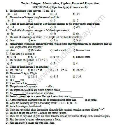 CBSE Class 6 Mathematics Worksheet Set D