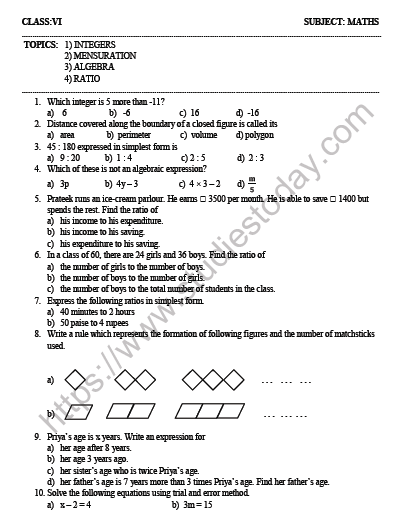 CBSE Class 6 Mathematics Worksheet Set F 1