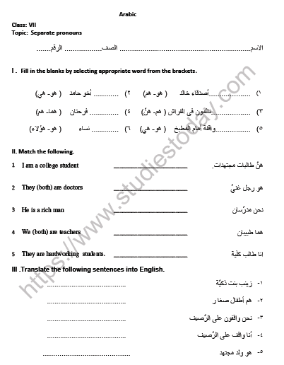 CBSE Class 7 Arabic Separate pronouns Worksheet 1