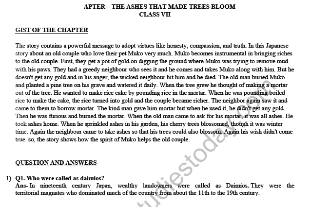 CBSE Class 7 English The Ashes That Made Trees Bloom Woksheet 1