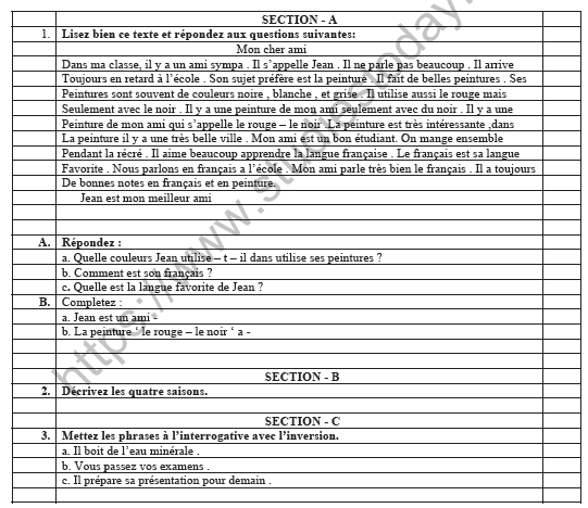 CBSE Class 7 French Worksheet Set E 1
