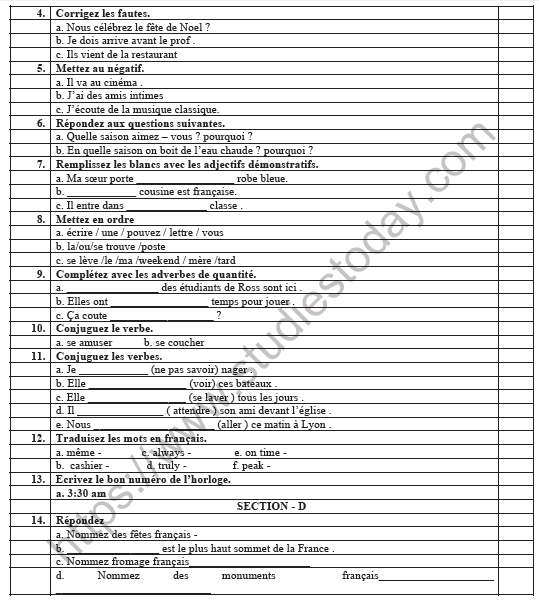 CBSE Class 7 French Worksheet Set E 2