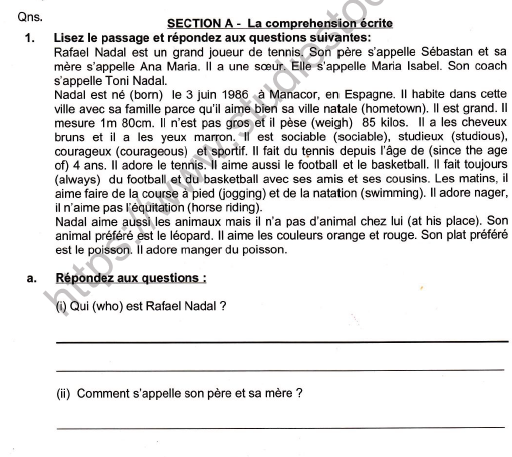 CBSE Class 7 French Worksheet Set I 1