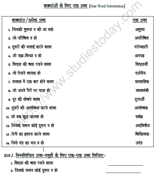 CBSE Class 7 Hindi One Word substitute Worksheet 1