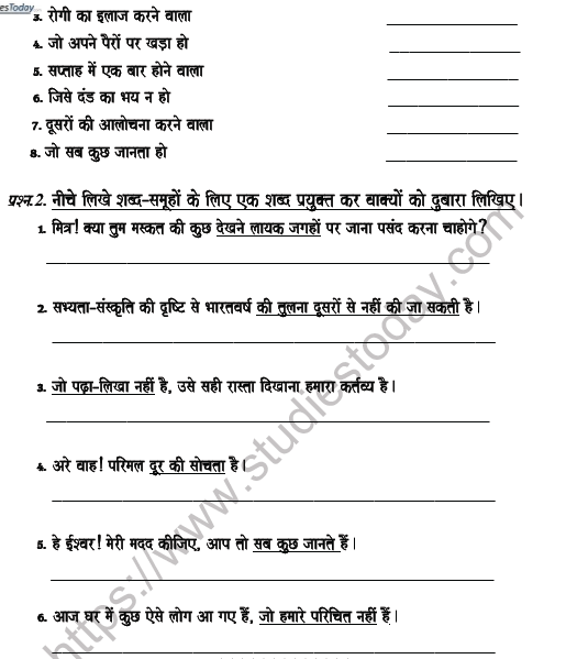 CBSE Class 7 Hindi One Word substitute Worksheet 2