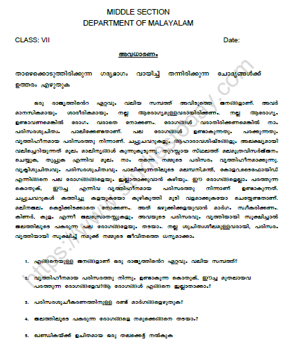 CBSE Class 7 Malayalam Worksheet Set X