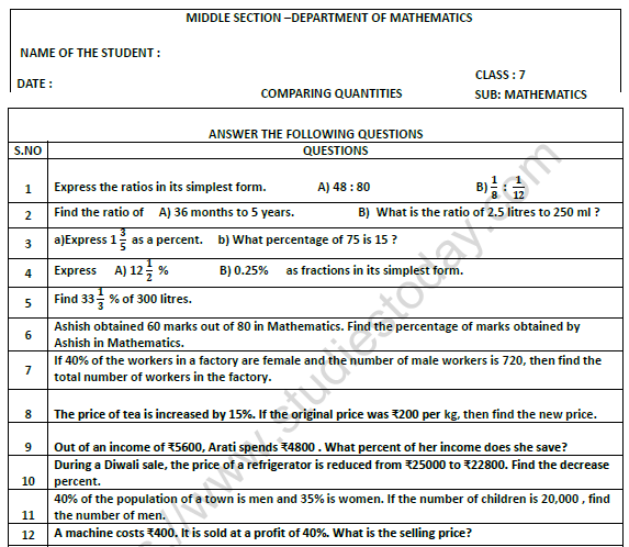 CBSE Class 7 Mathematics Comparing Quantities Worksheet 1