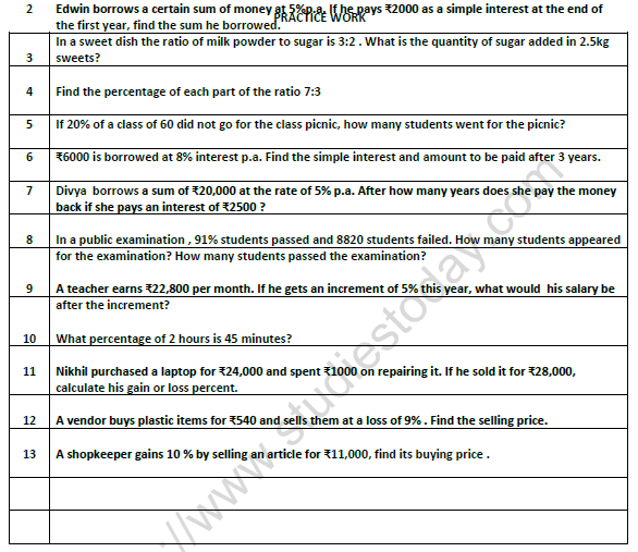 CBSE Class 7 Mathematics Comparing Quantities Worksheet 3