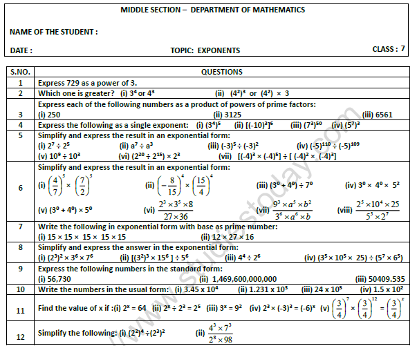 CBSE Class 7 Mathematics Exponents Worksheet 1