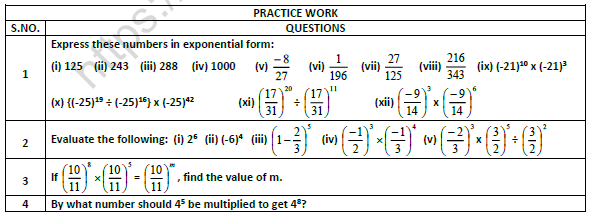 CBSE Class 7 Mathematics Exponents Worksheet 2