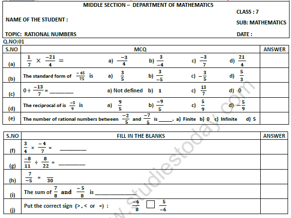 CBSE Class 7 Mathematics Rational Numbers Worksheet Set A 1