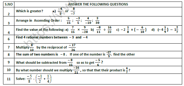 CBSE Class 7 Mathematics Rational Numbers Worksheet Set A 2