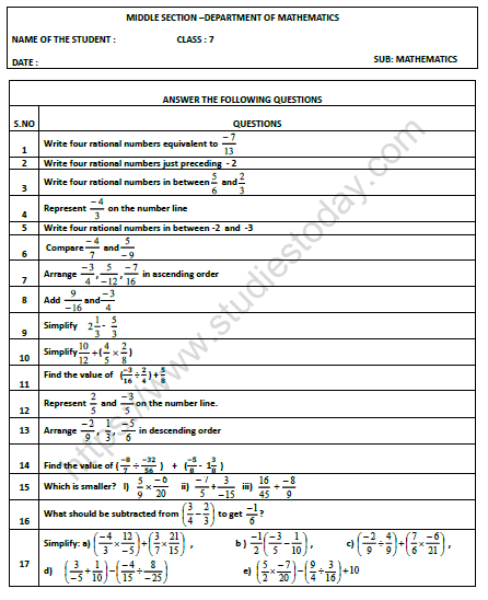 CBSE Class 7 Mathematics Rational Numbers Worksheet Set B