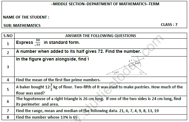 CBSE Class 7 Mathematics Worksheet Set 3 1