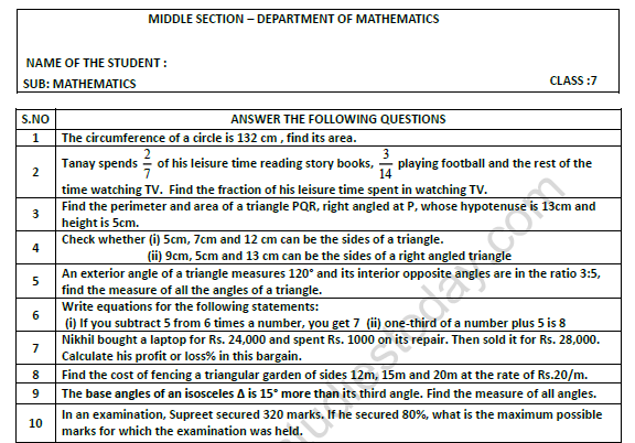 CBSE Class 7 Mathematics Worksheet Set 7 1