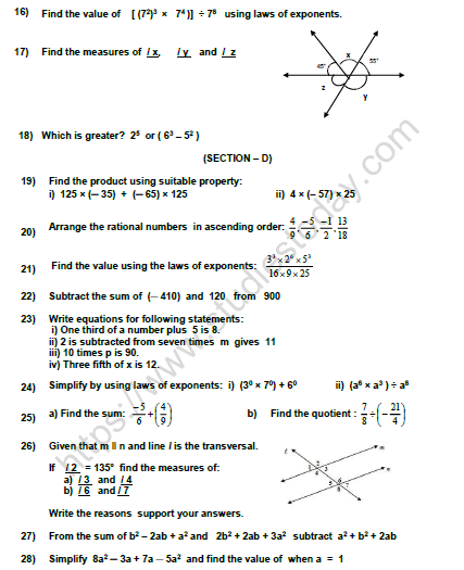 CBSE Class 7 Mathematics Worksheet Set Q 2