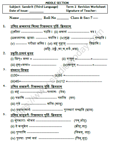 CBSE Class 7 Sanskrit Worksheet Set O 1
