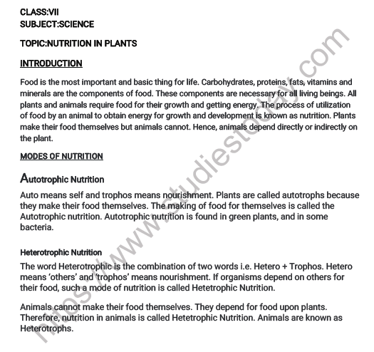 CBSE Class 7 Science Nutrition in Plants Worksheet Set A