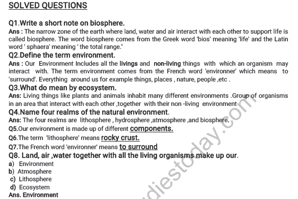 CBSE Class 7 Social Science Our Environment Worksheet 5