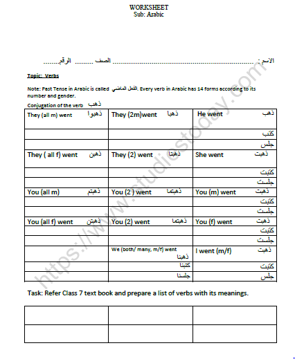CBSE Class 8 Arabic Verb Worksheet Set A 1