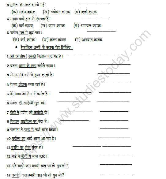 CBSE Class 8 Hindi कारक के भेद Worksheet Set A 3