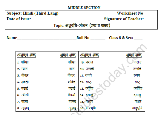CBSE Class 8 Hindi Spelling correction Worksheet Set B 1