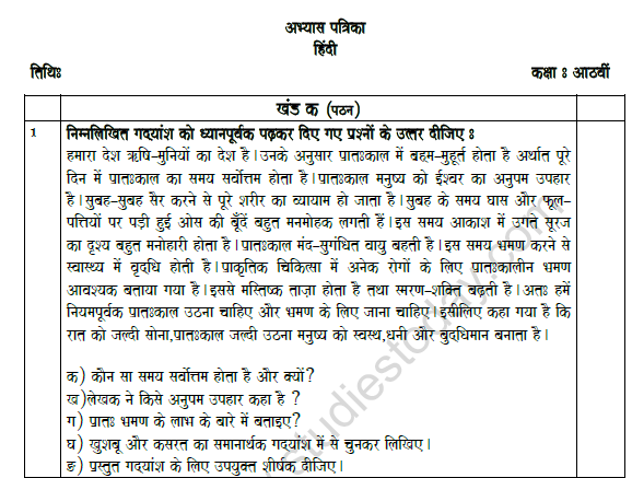 CBSE Class 8 Hindi Worksheet Set D 1