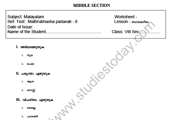 CBSE Class 8 Malayalam Practice Worksheet Set R 1
