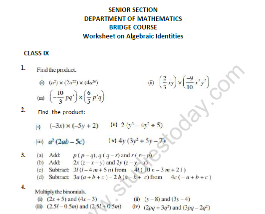 CBSE Class 8 Mathematics Algebraic Identities Bridge Course Worksheet 1