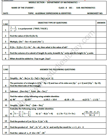 CBSE Class 8 Mathematics Algebric Expressions and Identities Worksheet Set B