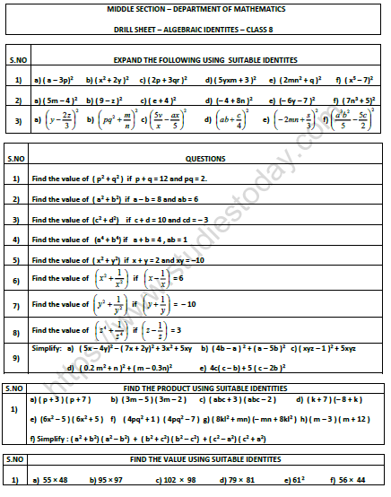 CBSE Class 8 Mathematics Algebric Expressions and Identities Worksheet Set C