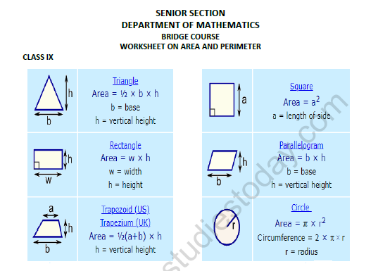 CBSE Class 8 Mathematics Area and Perimeter Bridge Course Worksheet 1