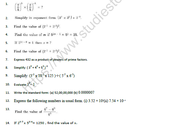 CBSE Class 8 Mathematics Exponents And Powers Bridge Course Worksheet 2