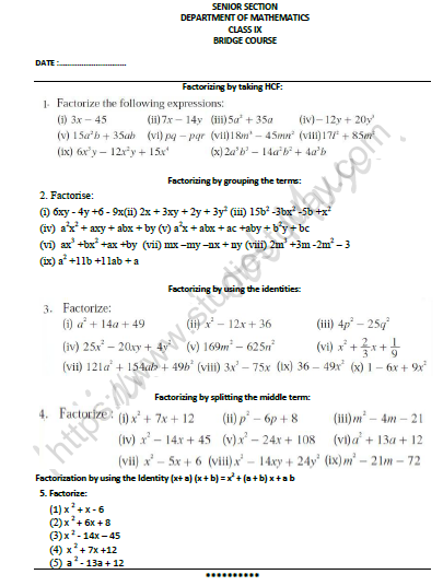 CBSE Class 8 Mathematics Factorisation Bridge Course Worksheet 1