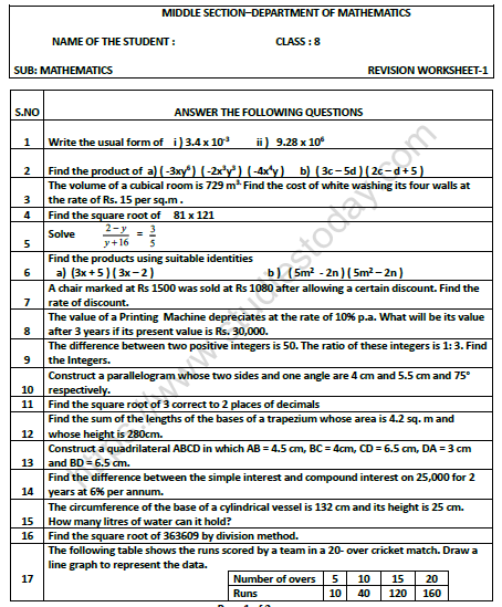 CBSE Class 8 Mathematics Practice Worksheet Set F