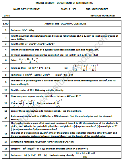 CBSE Class 8 Mathematics Practice Worksheet Set H1
