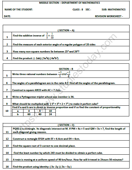 CBSE Class 8 Mathematics Practice Worksheet Set I 1